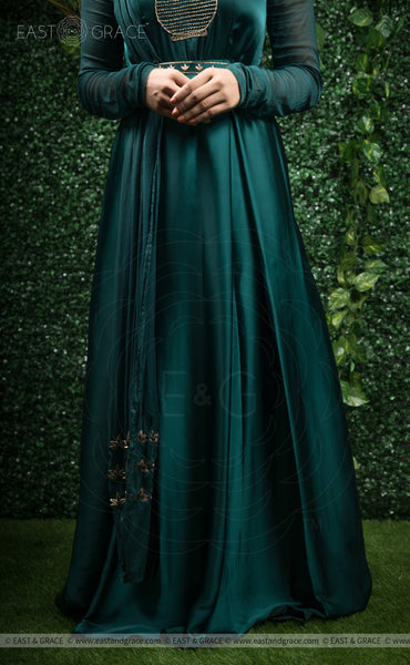 Mriganka Satin Handcrafted and Embroidered Dark Green Dress EAST