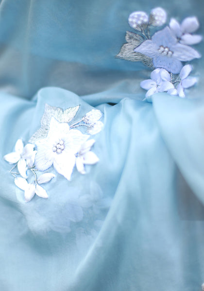 Powder Blue White Floral Pure Silk Chiffon Saree