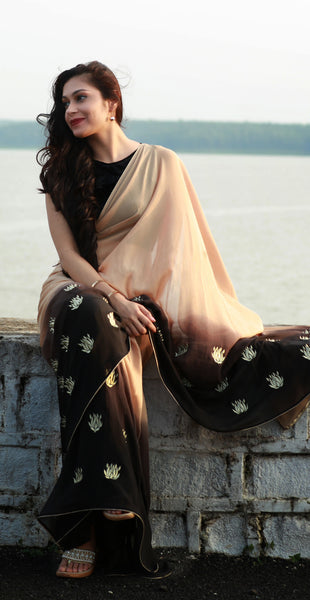 Gold Lotuses on Apricot Pure Silk Georgette Saree