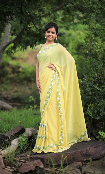 Pastel Yellow Pure Georgette Buttercup Ribbon-work Saree