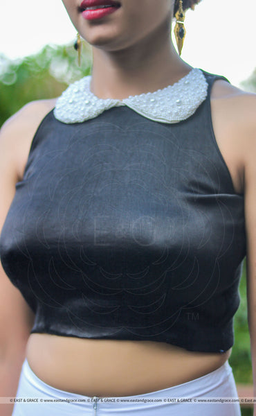 Black Satin Blouse with Pearl Encrusted Peter Pan Collar – EAST