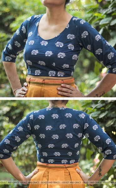 Elephant Navy Blue Embroidered Raw-Silk Blouse