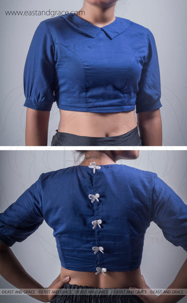 Ink Stain Blue Cotton-Satin Blouse With Bows
