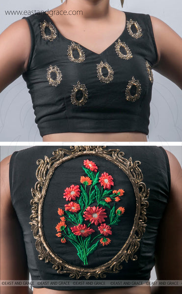Black Silk-Crepe Blouse With Hand Embroidered Flower and Victorian Art Motif