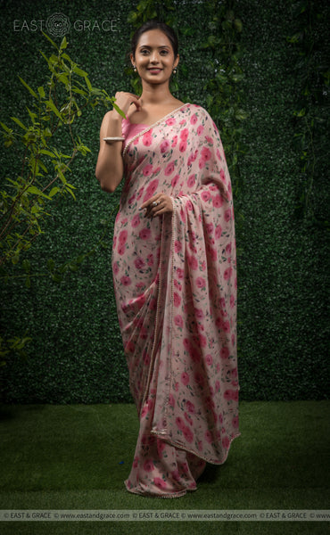 Sameera Pure Silk-Crepe Floral Printed and Pearl Embroidered Border Saree