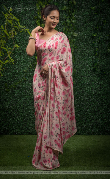 Sameera Pure Silk-Crepe Floral Printed and Pearl Embroidered Border Saree