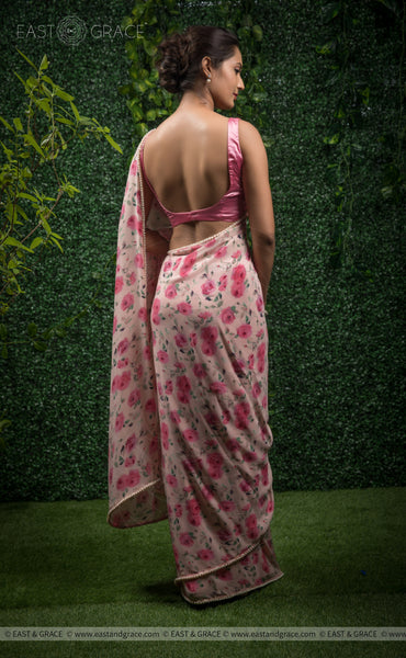 Sameera Pure Silk-Crepe Floral Printed and Pearl Embroidered Border Saree