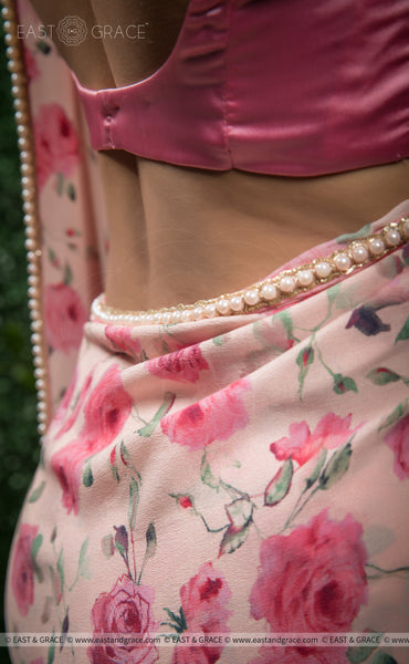 Sameera Pure Silk-Crepe Floral Printed and Pearl Embroidered Border Saree