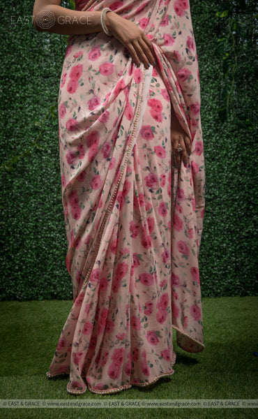 Sameera Pure Silk-Crepe Floral Printed and Pearl Embroidered Border Saree