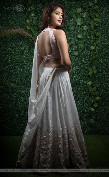 Lalita Off-White Raw-Silk Hand-Embroidered Ribbon Work and Sequins Lehenga