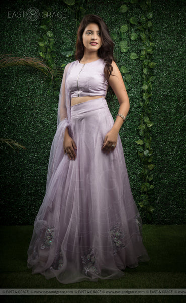 Chitra Lavender Pure Silk-Organza Hand-Embroidered Blouse & Lehenga