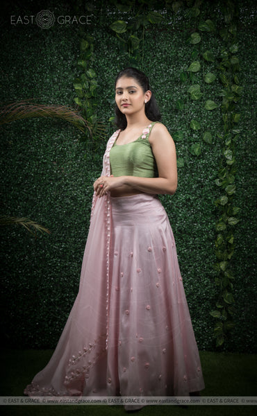 Anuradha Pink & Green Raw-Silk Hand-Embroidered Ribbonwork Lehenga