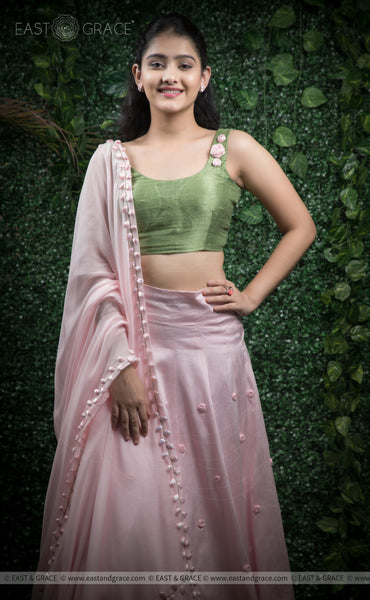 Anuradha Pink & Green Raw-Silk Hand-Embroidered Ribbonwork Lehenga