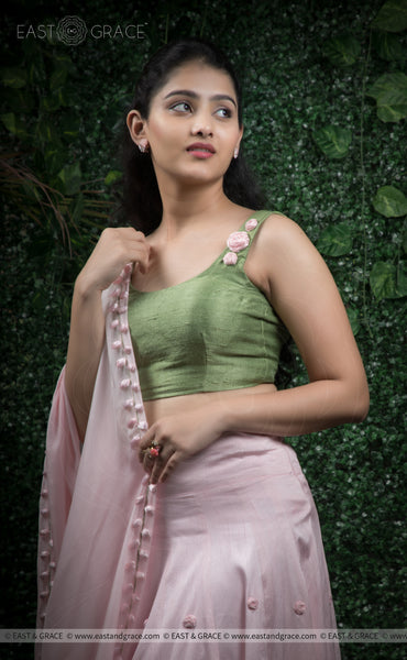 Anuradha Pink & Green Raw-Silk Hand-Embroidered Ribbonwork Lehenga