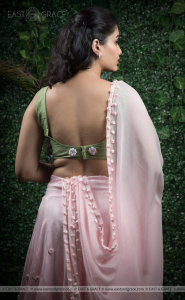 Anuradha Pink & Green Raw-Silk Hand-Embroidered Ribbonwork Lehenga