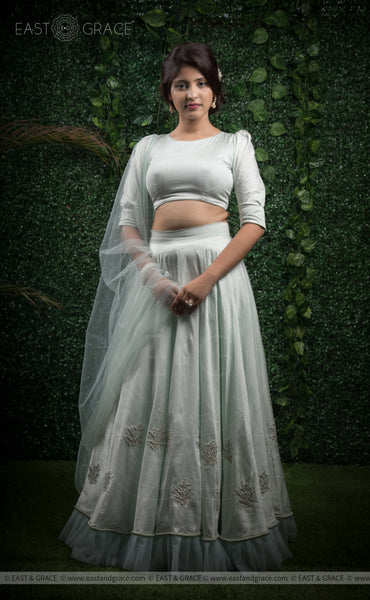 Champalata Mint Raw-Silk Pearls Hand-Embroidered Lehenga