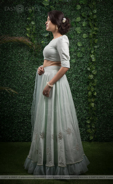 Champalata Mint Raw-Silk Pearls Hand-Embroidered Lehenga