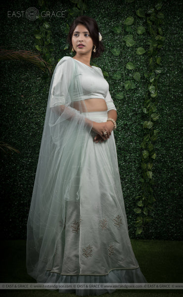 Champalata Mint Raw-Silk Pearls Hand-Embroidered Lehenga