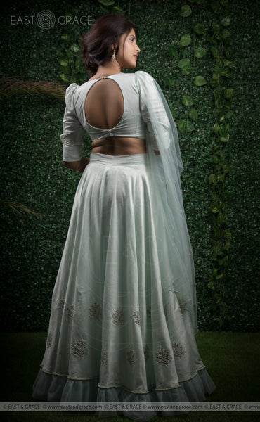 Champalata Mint Raw-Silk Pearls Hand-Embroidered Lehenga