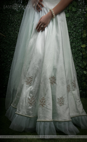 Champalata Mint Raw-Silk Pearls Hand-Embroidered Lehenga