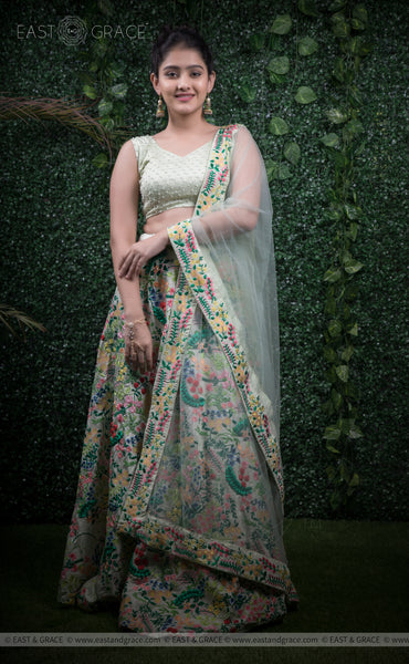 Indulekha Pista Raw-Silk Ribbonwork Hand-Embroidered Lehenga