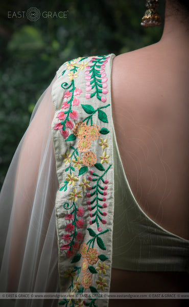 Indulekha Pista Raw-Silk Ribbonwork Hand-Embroidered Lehenga