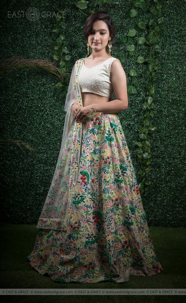 Sudevi Cream Raw-Silk Ribbonwork Hand-Embroidered Lehenga