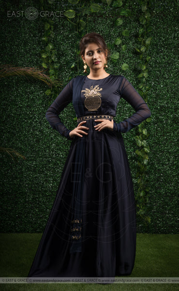 Lavanya Satin Handcrafted and Embroidered Navy Blue Dress