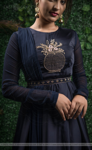 Lavanya Satin Handcrafted and Embroidered Navy Blue Dress