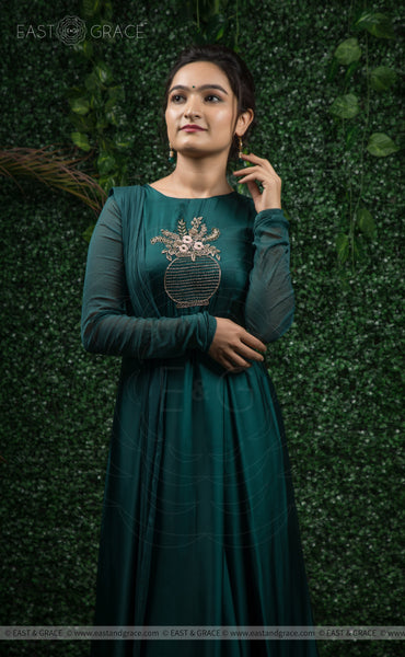 Mriganka Satin Handcrafted and Embroidered Dark Green Dress