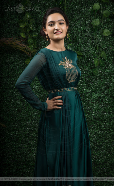 Dark Green Anarkali Gown With Vneckline Handwork panel at the waist