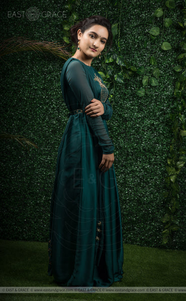 Mriganka Satin Handcrafted and Embroidered Dark Green Dress