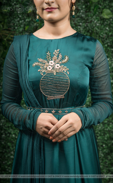 Mriganka Satin Handcrafted and Embroidered Dark Green Dress