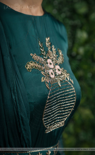 Mriganka Satin Handcrafted and Embroidered Dark Green Dress EAST & GRACE Mriganka Satin Handcrafted and Embroidered Dark Green Dress EAST & GRACE