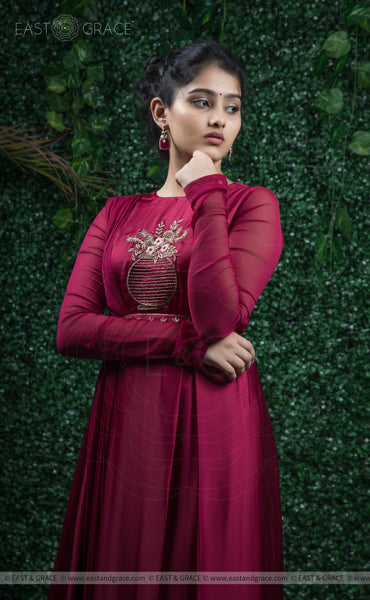 Aunjala Satin Handcrafted and Embroidered Maroon Dress