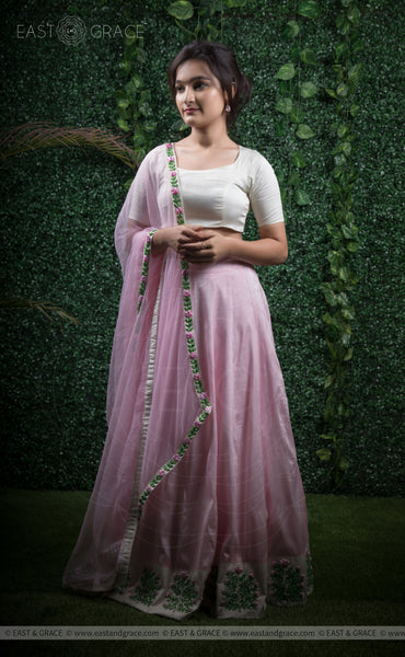 Punarnava Baby Pink Raw-Silk Ribbonwork Hand-Embroidered Lehenga