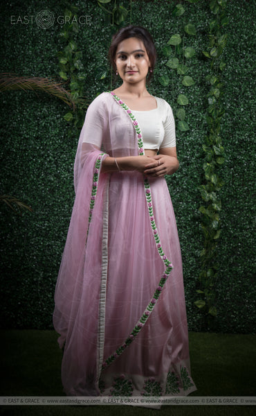Punarnava Baby Pink Raw-Silk Ribbonwork Hand-Embroidered Lehenga