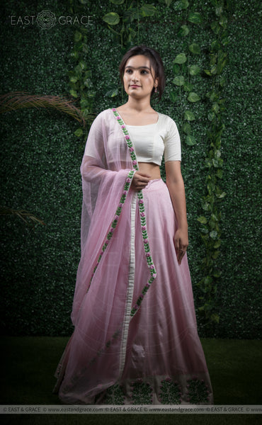 Punarnava Baby Pink Raw-Silk Ribbonwork Hand-Embroidered Lehenga