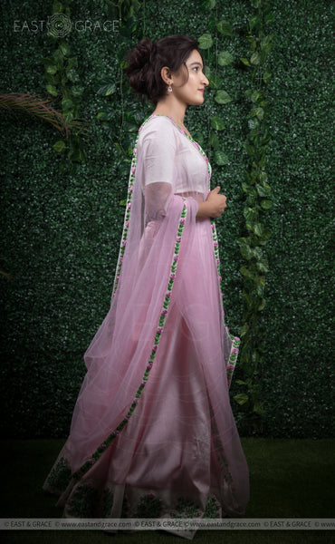 Punarnava Baby Pink Raw-Silk Ribbonwork Hand-Embroidered Lehenga