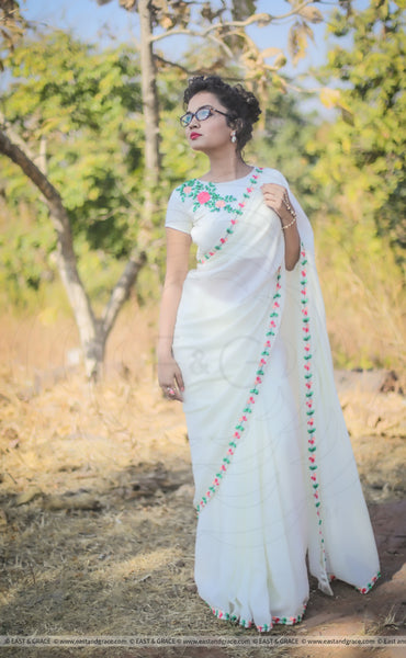 Creamery Pure Silk-Chiffon Ribbon Embroidered Saree