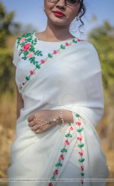 Creamery Pure Silk-Chiffon Ribbon Embroidered Saree