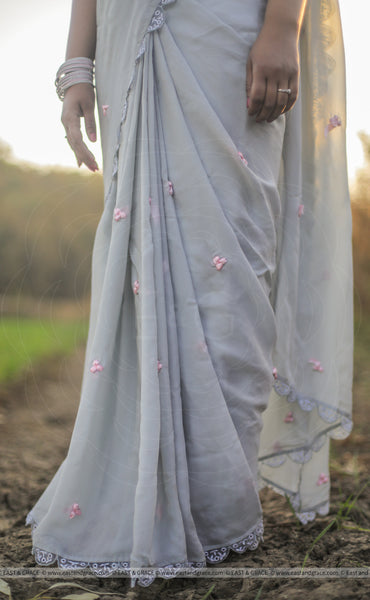 Flower's Breath Gray Sky Pure Silk-Chiffon Embroidered Saree