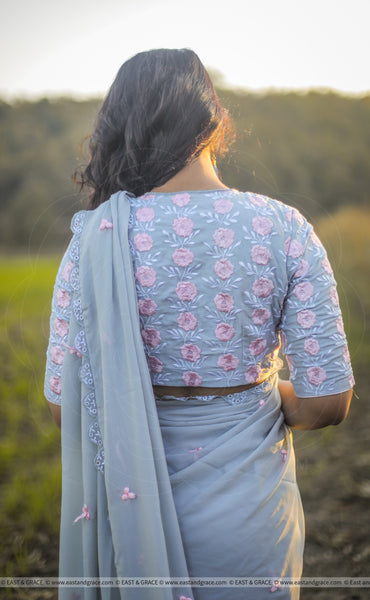 Flower's Breath Gray Sky Pure Silk-Chiffon Embroidered Saree