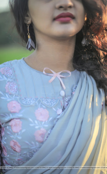 Flower's Breath Gray Sky Pure Silk-Chiffon Embroidered Saree