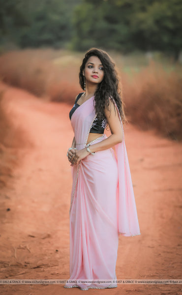 Ella Baby Pink Pure Silk-Crepe Saree with Black Embroidered Blouse