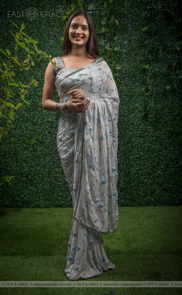 Arpan Pure Silk-Chiffon Ribbon Hand Embroidered Steel Blue Saree