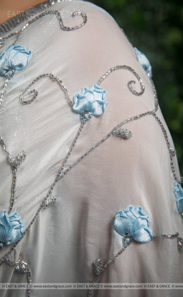 Arpan Pure Silk-Chiffon Ribbon Hand Embroidered Steel Blue Saree