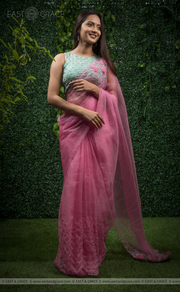 Arya Pure Silk-Organza Art Hand Embroidered Pink Saree