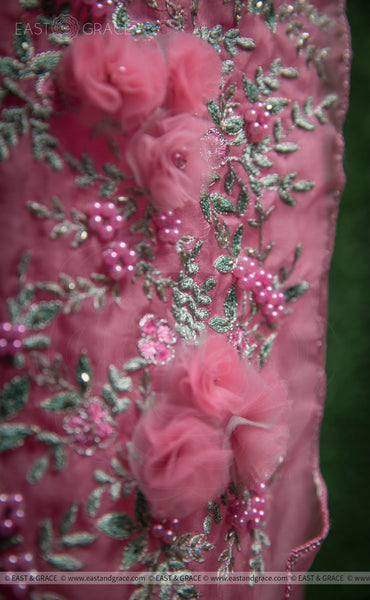 Arya Pure Silk-Organza Art Hand Embroidered Pink Saree