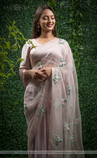 Sarah Pure Silk-Organza & Satin-Silk Ribbon Hand Embroidered Beige Pink Saree